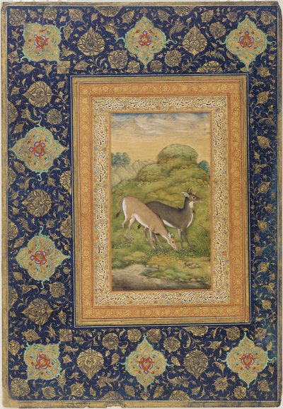 Two Deer in a Landscape, School of Jahandir by Mansur